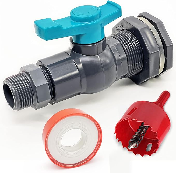 Rain Barrel Spigot Kit with a Hole Saw Include 1" (diameter 32 mm) PVC Bulkhead Fitting Ball Valve Thread Seal Tape and Garden Hose Male Threaded Adapter for 1" Female Threaded Connector(1 inch)