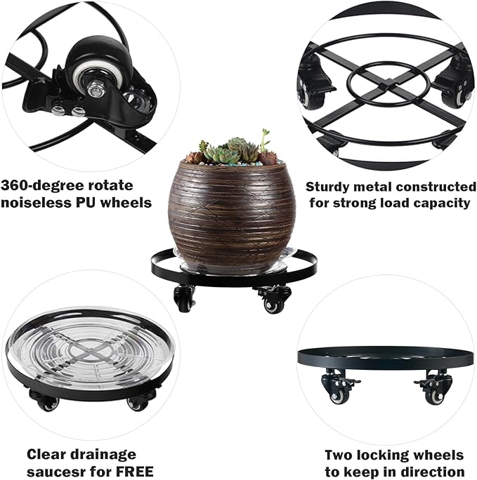 Planterhoma 3 Packs Extra-large 15 Inch Metal Plant Caddy Plant Dolly with Wheels Heavy-Duty Wrought Iron Rolling Plant Stand with Casters for Indoor and Outdoor Plant Pot Rollers Black