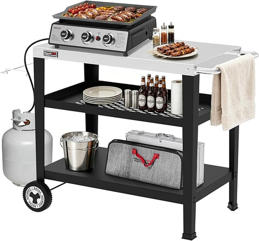 Royal Gourmet PC3404S Rolling Dining Table with Trash Bag Holder, Outdoor Garden Patio BBQ Kitchen Food Prep Table Cart, 34"L x 20"W Stainless Steel Tabletop, Silver & Black