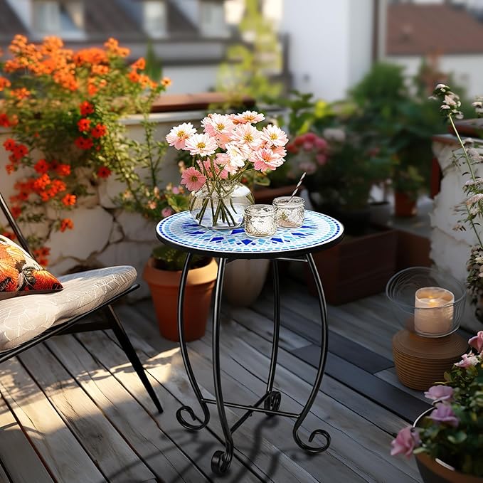 14" Round Outdoor Side Table, Metal Scrollwork Accent End Table with Unique Relief Ceramic Tile Tabletop, Coffee Tea Table Nightstand for Living Room, Bedroom
