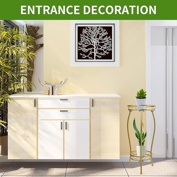 LOYAL TIGER Plant Stand Indoor Outdoor, 2 Tier 27" Tall Metal Shelf, Gold | Heavy Duty Plant Rack, Rustproof Metal, Stable 3-Leg Base, Holds up to 100 lb, Flower Pot Holder