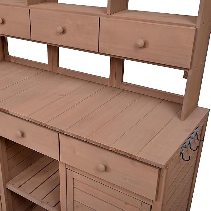RUNNA 65.7'' H Tall Garden Potting Bench Table with Hutch,Patio Storage Workstation with 3 Shelves,6 Drawers,2 Bottom Cabinets&Side Hooks for Mudroom,Doorway (Brown@024, 65.7)