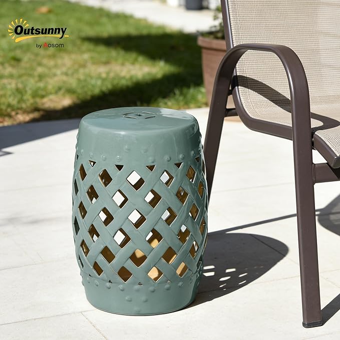 Outsunny 13" x 18" Ceramic Garden Stool with Woven Lattice Design & Glazed Strong Materials Decorative Outdoor Stool, Antique Blue