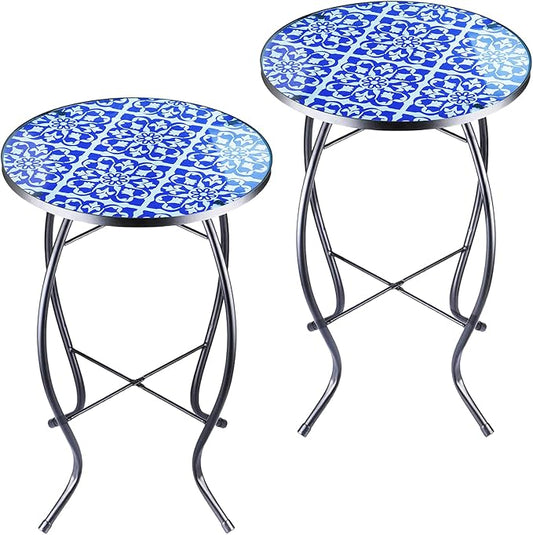 Arbuxzuy 2PCS 12 Inch Small Outdoor Side Table with Blue-White Mosaic, Glass Mosaic Patio Table Indoor, Round Plant Coffee Table for Living Room, Balcony, Garden