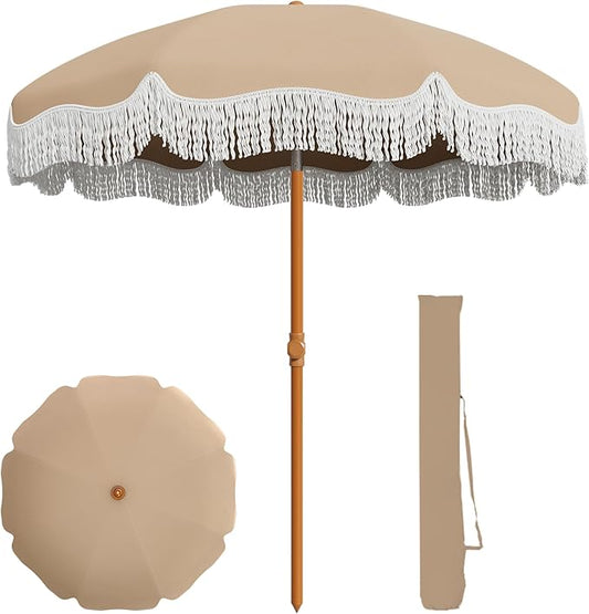 AreShark 7ft Patio Umbrella with Fringe, UPF50+ Beach Umbrella for Table, Pool & Garden, Portable Outdoor Tassels Umbrella w/Fiberglass Ribs&Push Bottom Tilt(Beige)