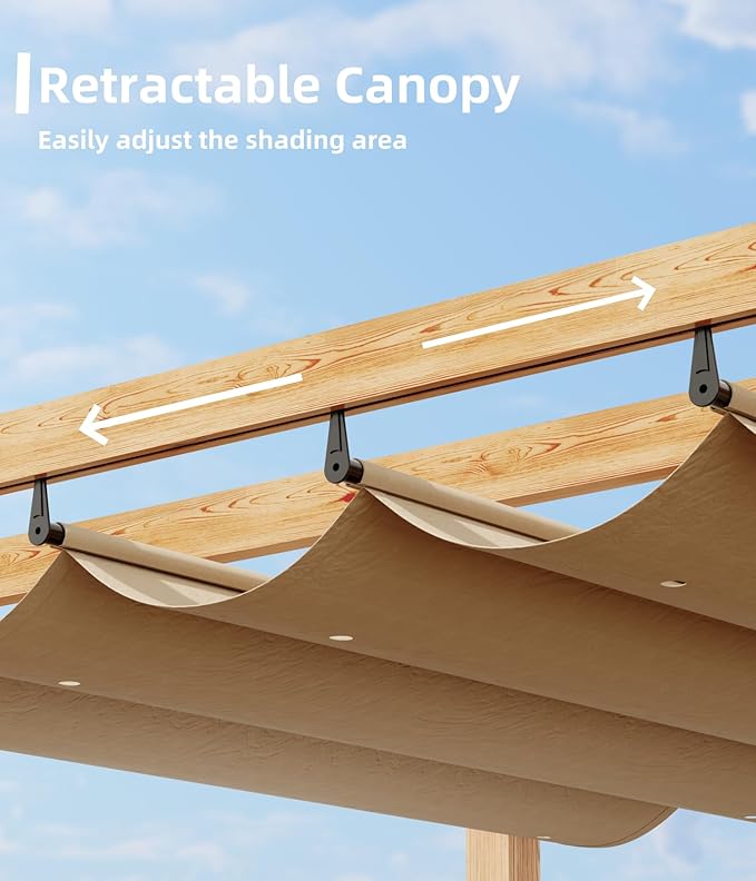 10' X 10' Outdoor Pergola with Retractable Canopy Aluminum Pergola Faux Wood Metal Pergolas Shelter for Backyard, Deck, Patio, Garden Porch Beach Sun Shade Pavilion Grape Trellis Grill, Khaki