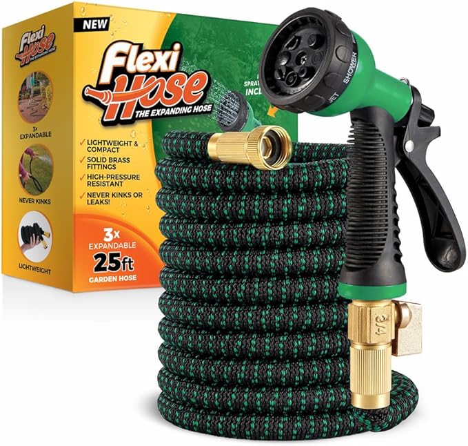 Flexi Hose with 8 Function Nozzle, 25FT - Lightweight Expandable Garden Hose, No-Kink Flexibility, 3/4 Inch Solid Brass Fittings and Double Latex Core - Green