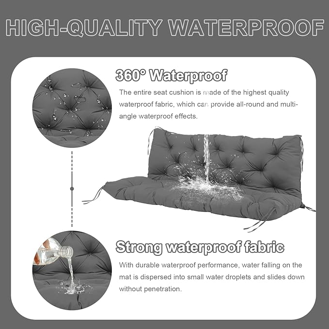 Extra Thick 5" Waterproof Porch Swing Cushions Outdoor 40 inch Swing Cushions 2 Seater Replacement with Backrest and Ties for Outdoor Furniture Patio Bench Garden (Gray)