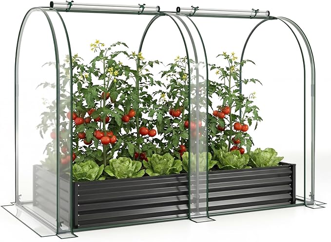Giantex Galvanized Raised Garden Bed with Greenhouse Cover, 6x3x1 FT Outdoor Metal Oval Tall Planter Box with 2 Roll-up Windows, Clear PVC Mini Greenhouse for Vegetables Flowers Herbs Patio (Black)