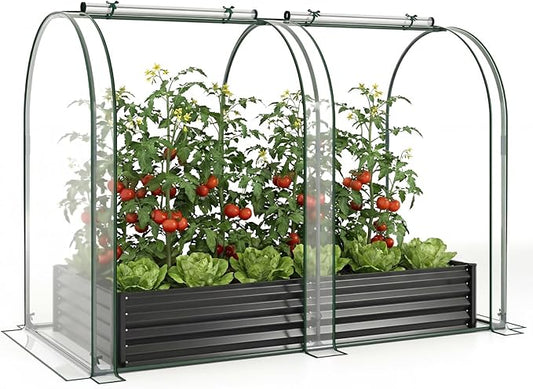 Giantex Galvanized Raised Garden Bed with Greenhouse Cover, 6x3x1 FT Outdoor Metal Oval Tall Planter Box with 2 Roll-up Windows, Clear PVC Mini Greenhouse for Vegetables Flowers Herbs Patio (Black)