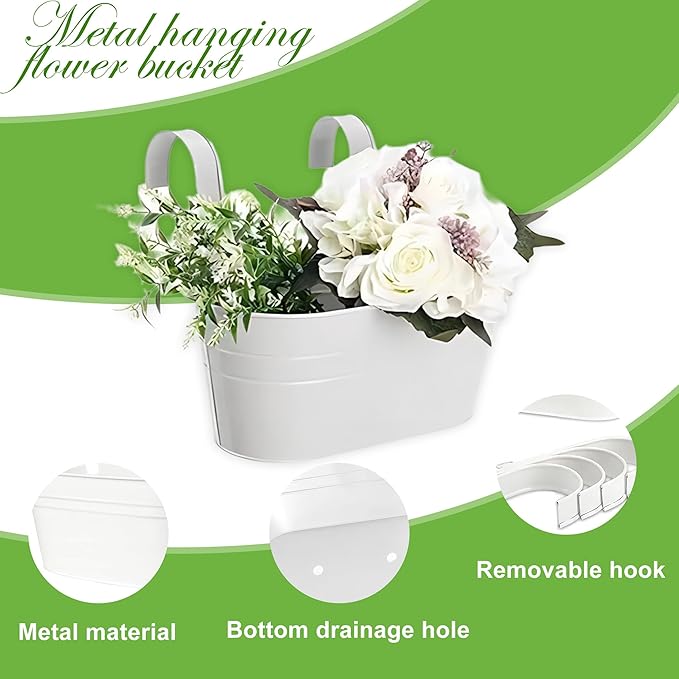 10.6" Oval Iron Hanging Flower Pots - Rust-Resistant Metal Planters with Detachable Hooks for Garden, Yard & Home Decor (White，3 PCS)