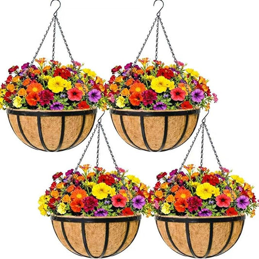 4 Pack 12" Round Metal Hanging Basket for Outdoor Plants Durable Large Hanging Planter with Coco Coir Round Plant Holders Planter for Outside Garden Decoration (Flat Iron)