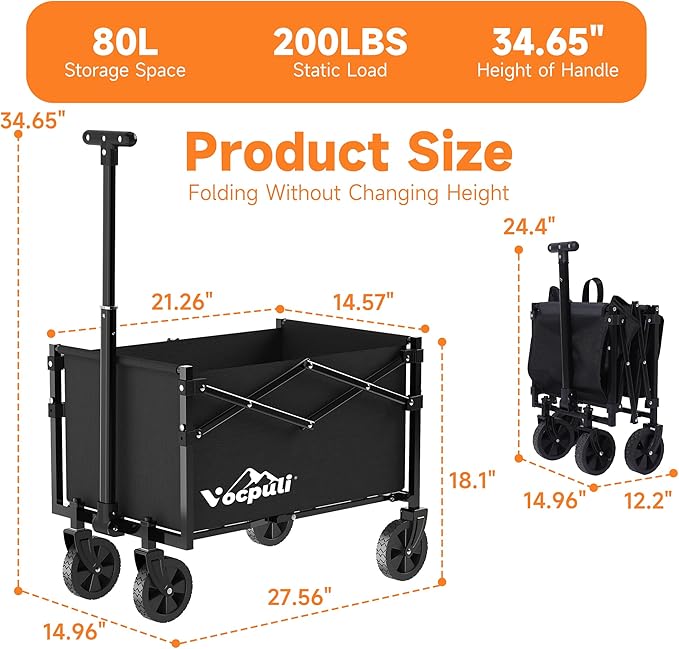 25" L Collapsible Wagon Cart Foldable, 200lbs Weight Capacity 80L Folding Beach Wagons with All-Terrain Wheels, Utility Carts for Groceries, Shopping, Camping, Sports - Black