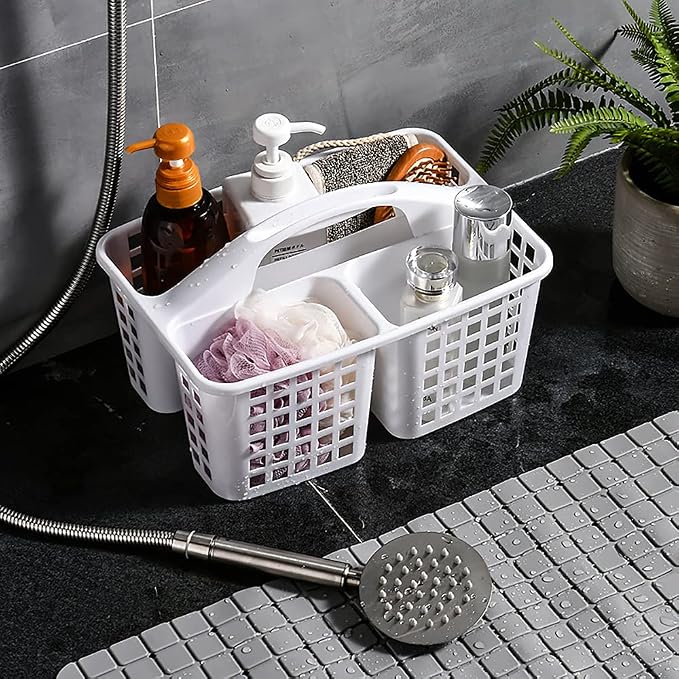 ALINK Plastic Shower Caddy Basket with Compartments, Portable Divided Cleaning Supply Storage Organizer with Handle for College Dorm Bathroom - White