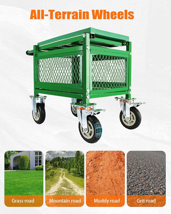 Garden cart with seat and Wheels - Lockable 360 Swivel Wheels & Heavy‑Duty – Foam Handle Grip, Large Mesh Storage Basket – Comfortable Garden Rolling Seat for Seniors, Patio, Lawn & Yard