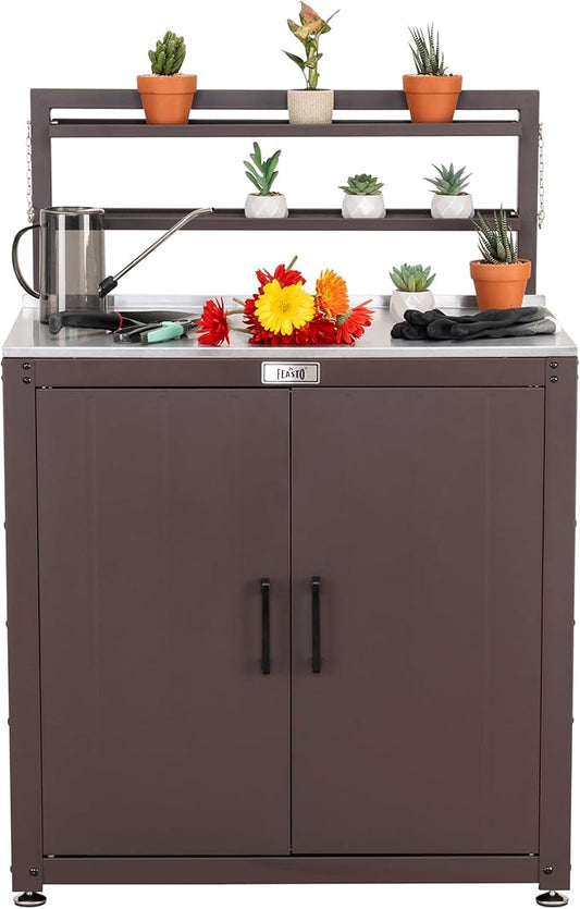 Feasto Garden Potting Bench with Storage Cabinet,Outdoor Gardening Table & Work Bench for Plants, Horticulture,Outdoor Workstation with Stainless Steel Tabletop,Outdoor Work Table with Elevated Rack