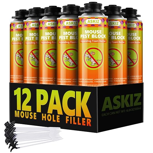 ASKIZ Rodent Block Spray Foam (12x16.9 oz) Mouse Hole Filler Barrier to Keep Mice from Entering the Home, Wall Gap Filler Expanding Foam Sealant Insulation, Keeps Insects & Rodents Away