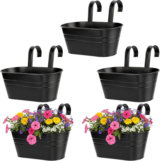 10.6 Inch 5 Pack Long Slot Wrought Iron Hanging Flower Pots Small Metal Hanging Flower Basket with Removable Hooks and Drainage Holes Suitable for Porch Railing Balcony Fence Garden (HS)