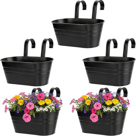 10.6 Inch 5 Pack Long Slot Wrought Iron Hanging Flower Pots Small Metal Hanging Flower Basket with Removable Hooks and Drainage Holes Suitable for Porch Railing Balcony Fence Garden (HS)