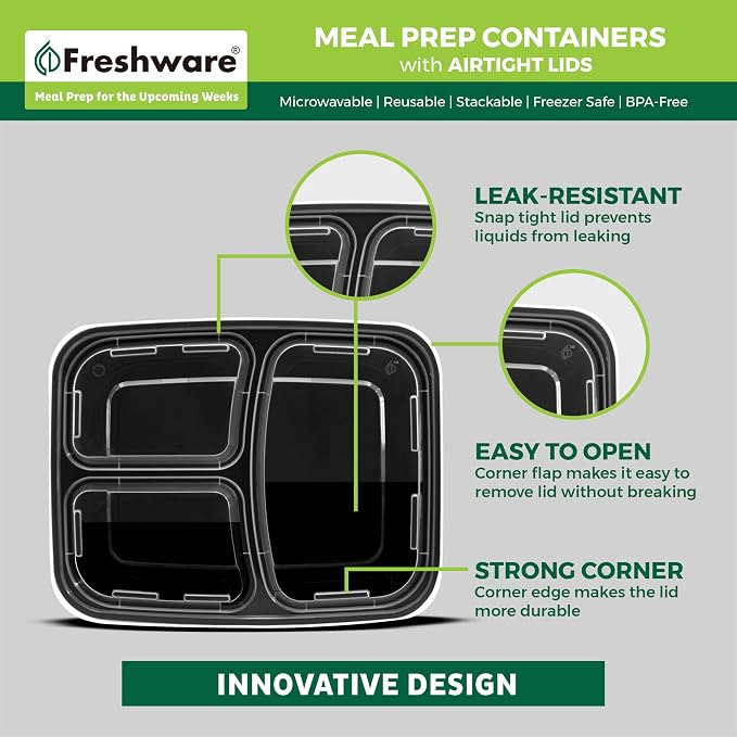 Freshware Meal Prep Containers [15 Pack] 3 Compartment with Lids, Food Containers, Lunch Box, BPA Free, Stackable, Bento Box, Microwave/Dishwasher/Freezer Safe (32 oz)