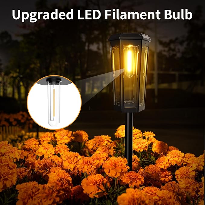 KINKAI Solar Pathway Lights Outdoor - 6 Pack Taller Garden Lights Bright LED Driveway Light Solar Powered Edison Bulb Landscape Lighting for Outside Walkway Patio Sidewalk Yard (Warm Light)