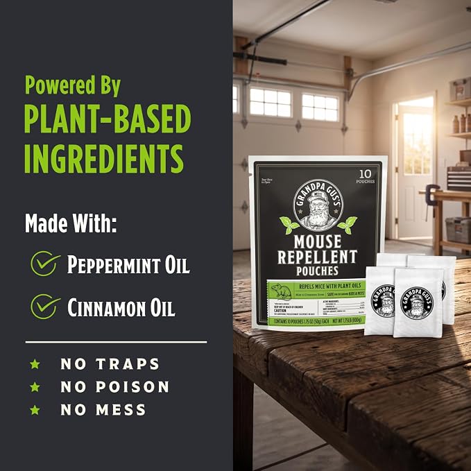 Grandpa Gus's Mouse Repellent Pouches, Natural Peppermint Oil, 10 Pouches | Cinnamon & Peppermint Oil Helps Repel Mice from Nesting in Home/Cabin/Boat/Car Storage/RV/Machinery/Shed, Kid & Pet Safe