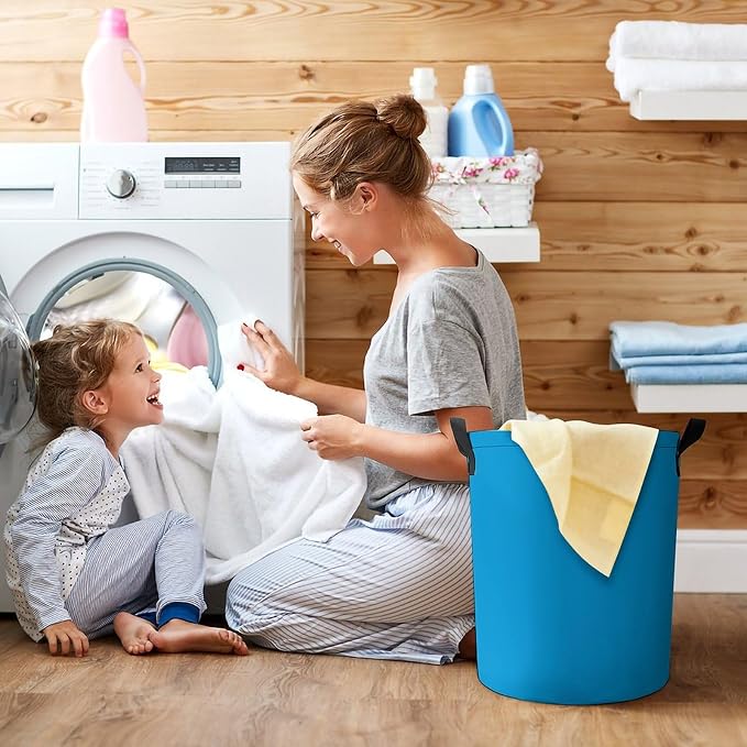 Large Laundry Hamper Bag, Sky Blue Trend Color Collapsible Laundry Basket with Drawstring Dirty Clothes Organizer Washing Bin for Family Essentials Storage