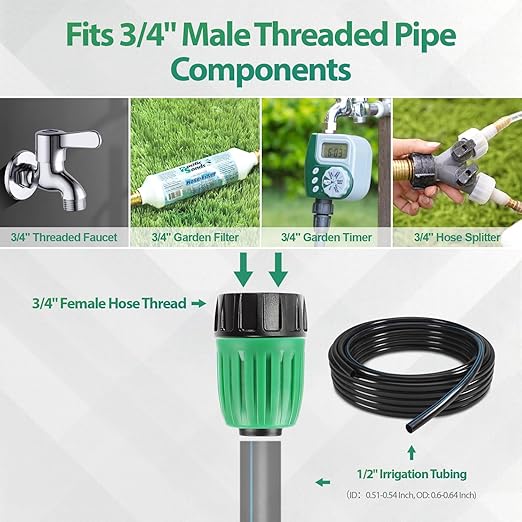 RedChili 6 Pcs 1/2 Inch Drip Irrigation Tubing to Faucet/Garden Hose Adapter, 3/4" FHT to 1/2" (1/2" ID x0.6-0.65" OD) Drip Irrigation Fittings Female Garden Hose Water Line Connector