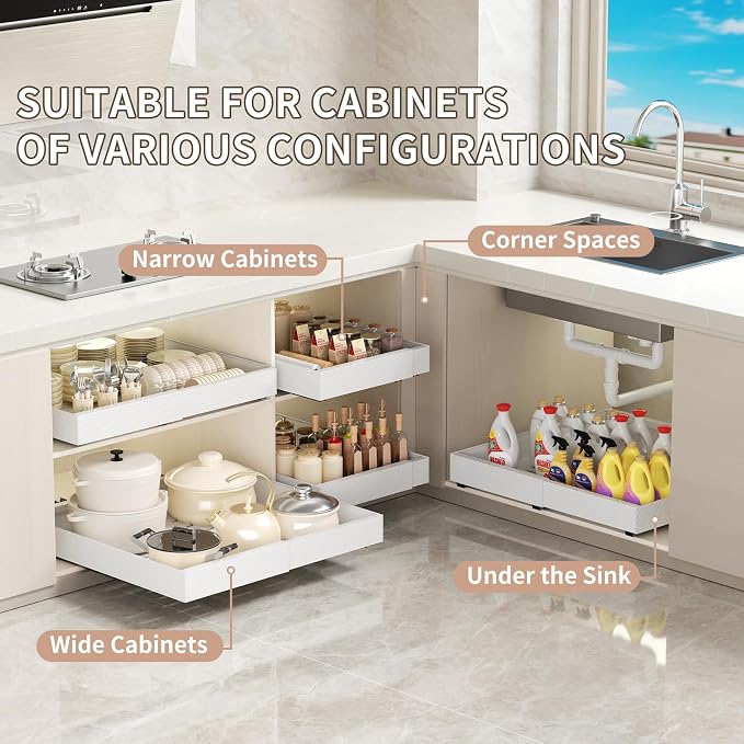 2Pack Pull Out Cabinet Organizer, Expandable 12.6“-20.47” White | Pull Out Drawers for Cabinet with Upgrade 3 Slide,No Drill Heavy Duty Sliding Drawers for Kitchen Cabinet,Pots, Pantry, Home