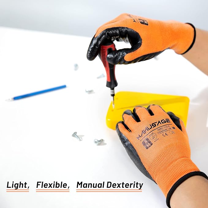 MANUSAGE Safety Work Gloves Nitrile For Men and Women, with Touchscreen Fingers, Men's Work Gloves with Grip, Mechanics Gloves (Size XL, Orange, 24-pairs)