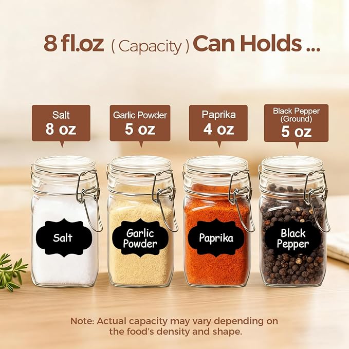 ComSaf Square Glass Spice Jars 8 oz 12 Pack with Labels and Funnel Set