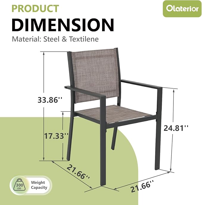 Patio Dining Chairs, All-Weather High-Resilience Textilene Outdoor Dining Chair Set of 2, Heavy-Duty Stackable Minimalist Outdoor Chairs with Armrest, Patio Chairs for Lawn Deck Pool, Brown