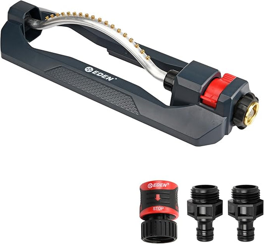 Eden 96217 Turbo Oscillating Sprinkler, Covers Up to 3,500 sq. ft., 18 Brass Nozzles, Sturdy Weighted Base, Adjustable Range, Quick Connect Bundle, Black, Red, Silver