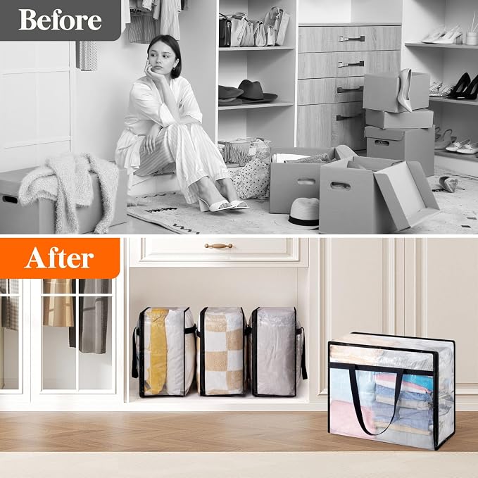 Lifewit 4 Pack Clear Storage Bags, 45L Clothes Organizer with Zipper