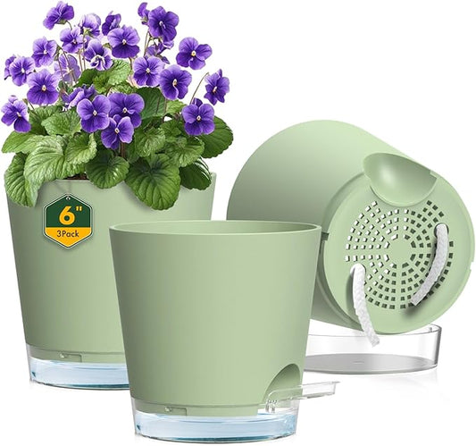 Meowell 6 inch Self Watering Pots for Indoor Outdoor Plants, 3 Pack Flower Plant Pots with Drainage Holes and Clear Reservoirs, Visible Water Level, Plastic Planters with Wicking Rope, Green