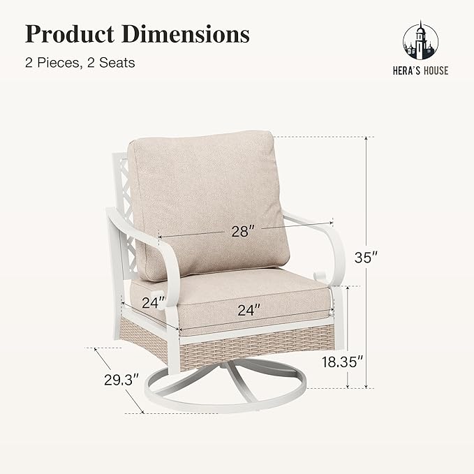 HERA'S HOUSE Swivel Outdoor Patio Chairs Set of 2 with Cushions, High Back Metal Frame, All Weather Garden Furniture for Lawn, Backyard, Deck, Beige