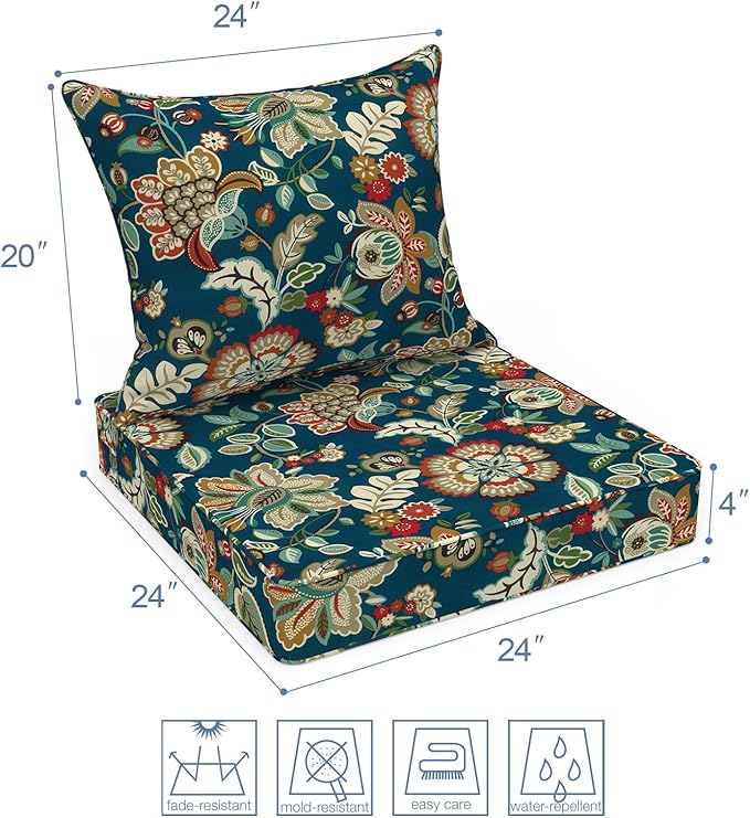 LVTXIII Outdoor Deep Seat Cushion 22"x22"x4" Patio Seat and Back Cushion Set Seasonal Chair Cushion for Dining Arm Chairs, Wicker Chairs and Garden Furniture Decoration, Peacock Blue