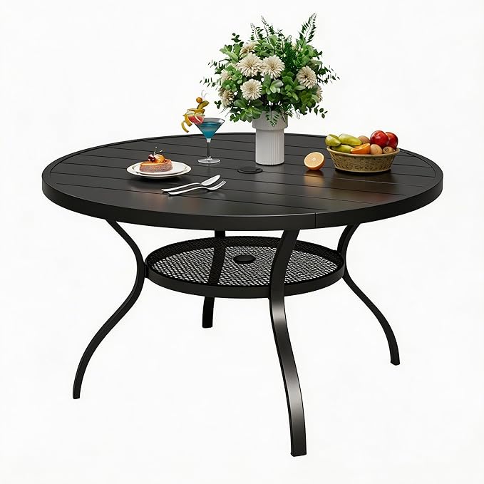 Patio Dining Table, 41" x 41" Outdoor Round Metal Table with1.57 Umbrella Hole, for Backyards, Porches, Gardens or Poolside, Black