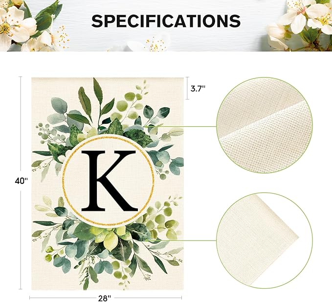 AVOIN colorlife Monogram Letter K Floral House Flag 28x40 Inch Double Sided Outside, Family Last Name Initial Yard Outdoor Decoration