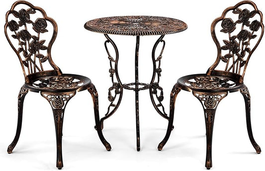VINGLI 3 PCS Outdoor Bistro Set, Outdoor Patio Set, All-Weather Cast Aluminum Bistro Table Set, Bistro Table and Chairs Set of 2 for Backyard, Garden, Balcony (Bronze, Rose)