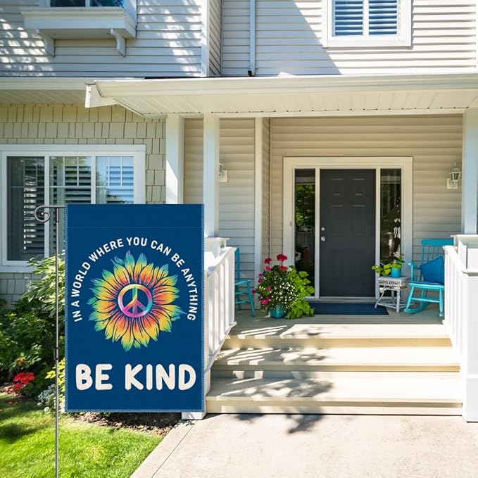 Perfectinsoy In A World Where You Can Be Anything Be Kind Retro Garden Flag, Daisy Front Yard Sign, Welcome Yard Home Holiday Farmhouse Porch Patio Lawn Outside Decor, World Peace Yard Flag