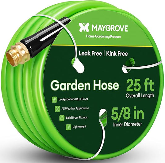 Maygrove 25 ft Garden Hose, 5/8 in ID, Heavy-Duty, Leakproof, Kink-Resistant Water Hose with Swivel Brass Fittings, 600 PSI Burst Rating, Ideal for Car Wash & Lawn Watering