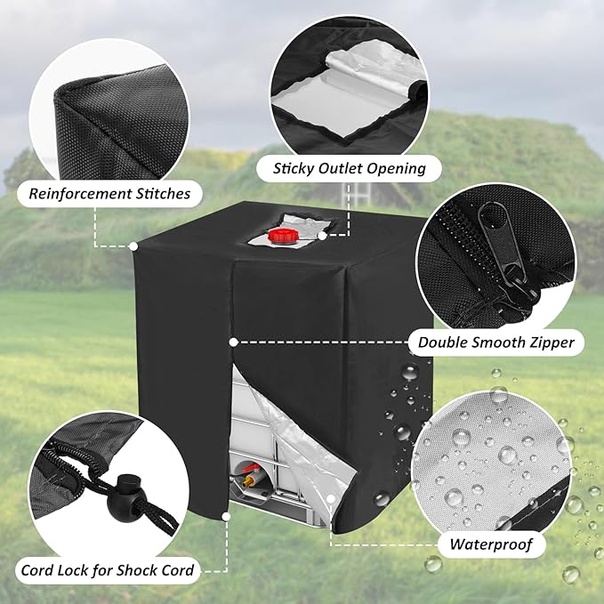 MECCANIXITY Zipper IBC Tote Cover 275 Gallon, 210D Oxford Waterproof Sunshade Rain Barrel Water Tank Protective Cover for 1000L Outdoor Garden, (39.37 x 47.24 x 45.66 Inch, Black)