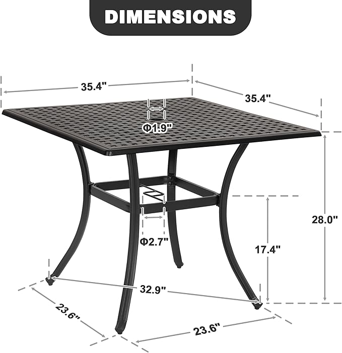 NUU GARDEN 35 Inch Square Cast Aluminum Outdoor Dining Table for 4 with Umbrella Hole and Mesh Top, Patio Table for Garden Backyard Poolside, Black with Gold Speckles