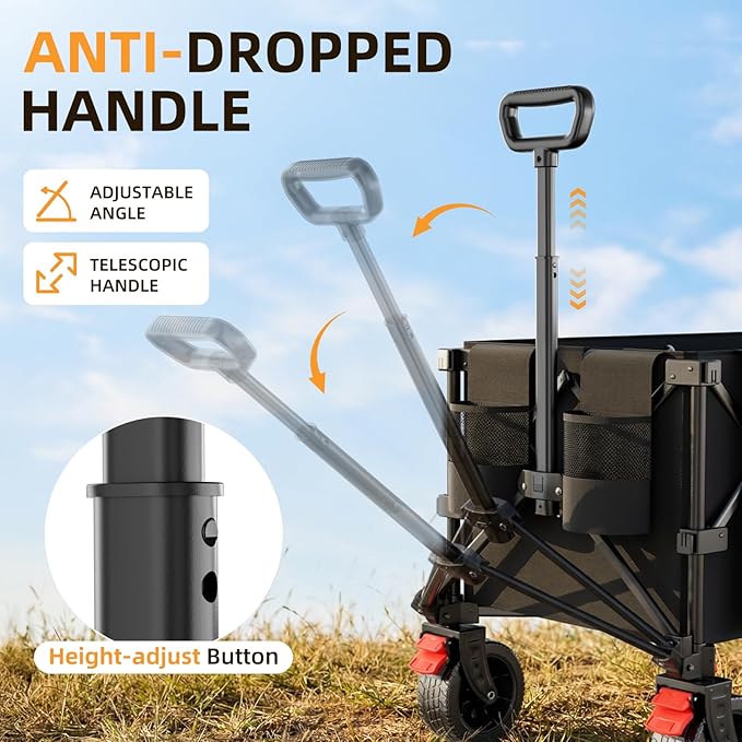 39" L Collapsible Wagon Cart, 220L Large Capacity and 440Lbs Heavy Duty, Lightweight 15lbs Folding Garden Cart with Silent All-Terrain Wheels for Beach, Camping Grass and Grocery, Black