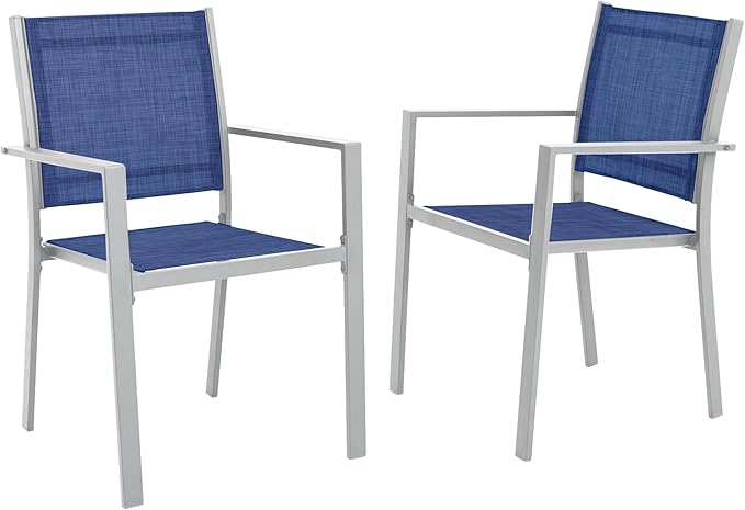 Patio Dining Chairs, All-Weather High-Resilience Textilene Outdoor Dining Chair Set of 2, Heavy-Duty Stackable Minimalist Outdoor Chairs with Armrest, Patio Chairs for Lawn Deck Pool, Blue and White