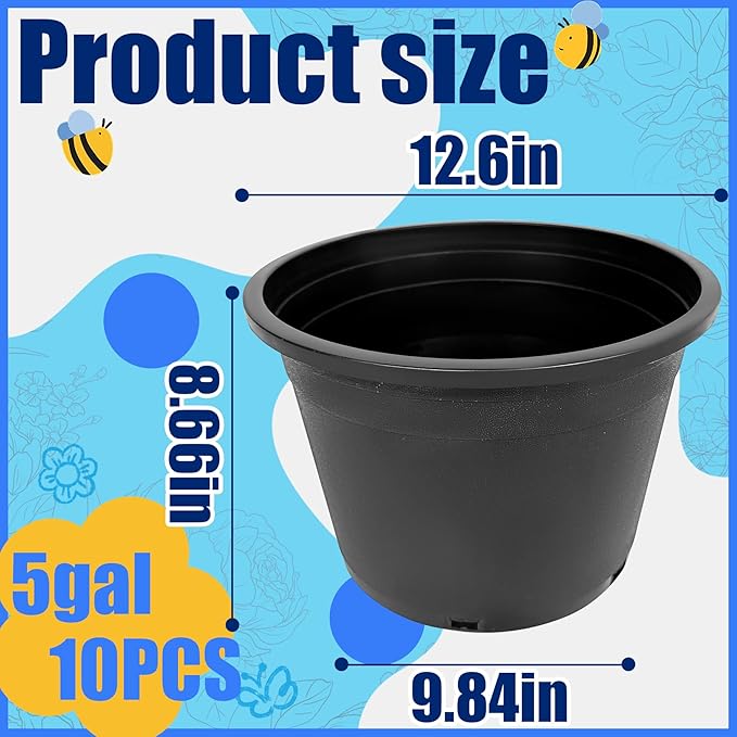 10Pcs 5 Gallon 12 inch Plant Nursery Pot Flower Seedling Injection Molded Container Plastic Garden Planter Pots with Drainage Holes Suitable for Vegetables Flowers Plants Black