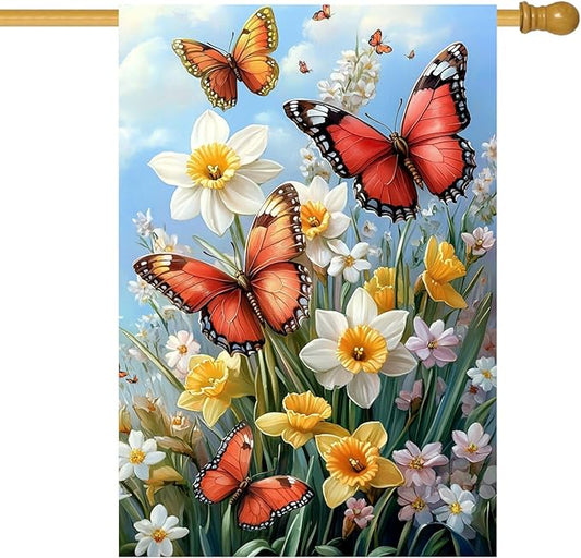 Large Spring Summer Garden Flags for Outside 28 x 40 Double Sided, Burlap Spring Summer House Flag, Large Outdoor Yard Flags Butterfly Daffodil Floral Decorations Farmhouse Patio Garden Decor