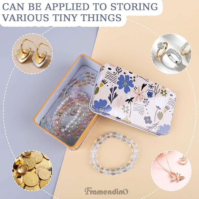Framendino, 5 Pack Mini Metal Tinplate Boxes Empty Trinket Jewelry Coin Flower Rectangular Tin for Bead Storage Case Containers (Floral)