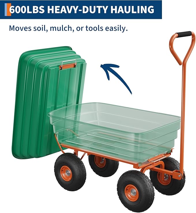 Garden Dump Cart, 1200 Lb Capacity Heavy Duty Utility Cart, Wheelbarrow with 180° Pivot Handle for Yard, Lawn & Gardening(Green+Orange)